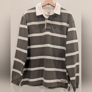 Eddie Bauer Men's Rugby Shirt Olive Green & Cream Striped